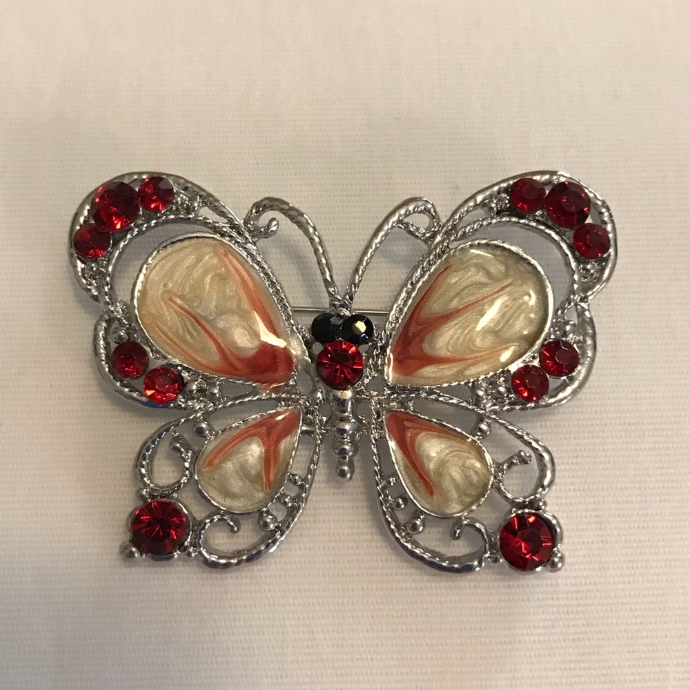 Silver & Red Butterfly Brooch